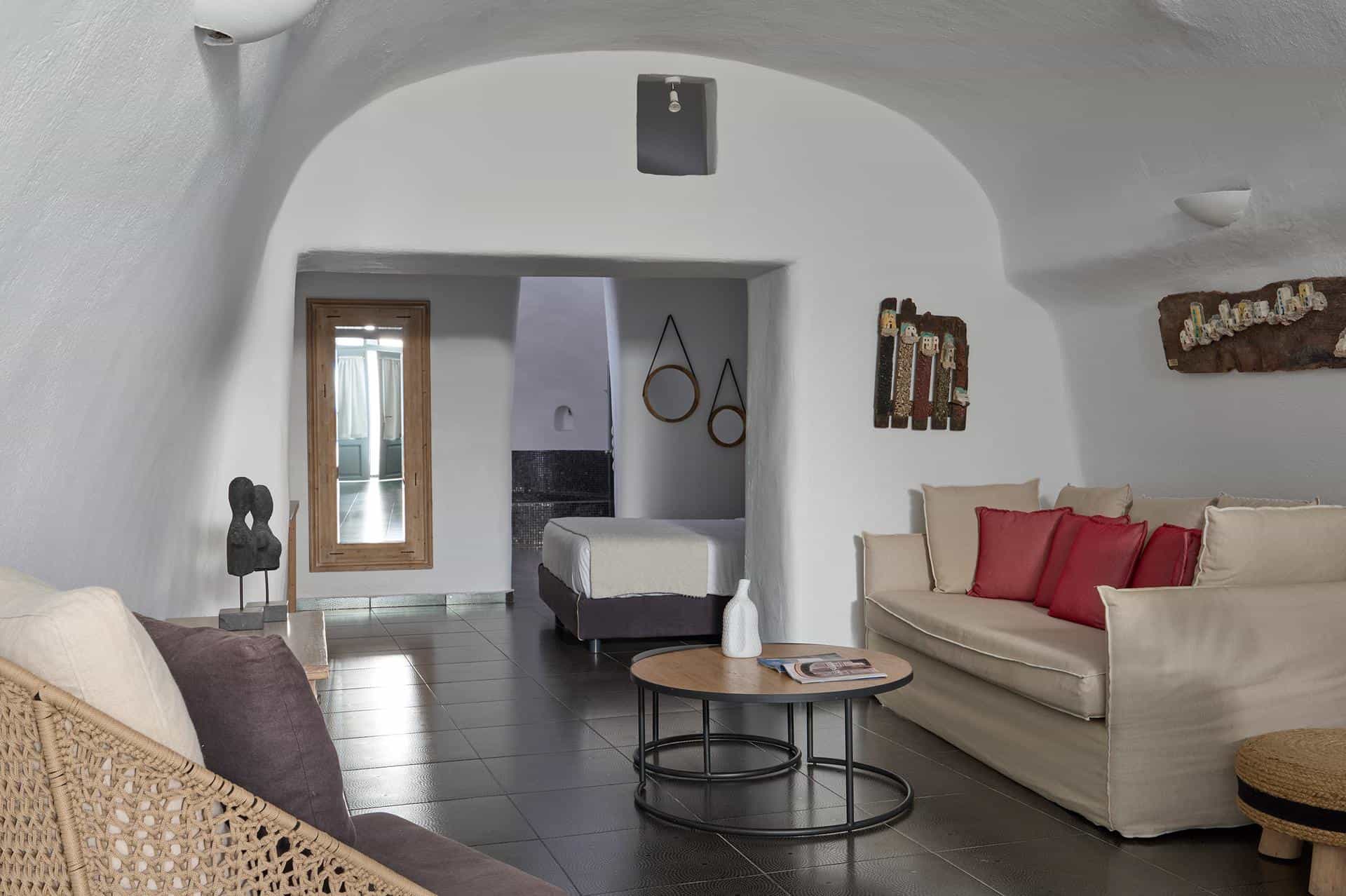 Spacious cave room with natural stone textures and soft light