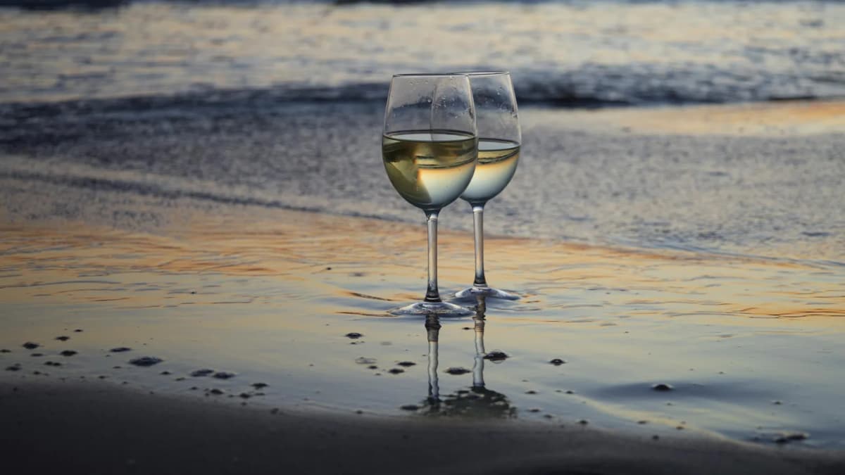Two glasses of Assyrtiko white wine on a seaside shore at sunset in Santorini