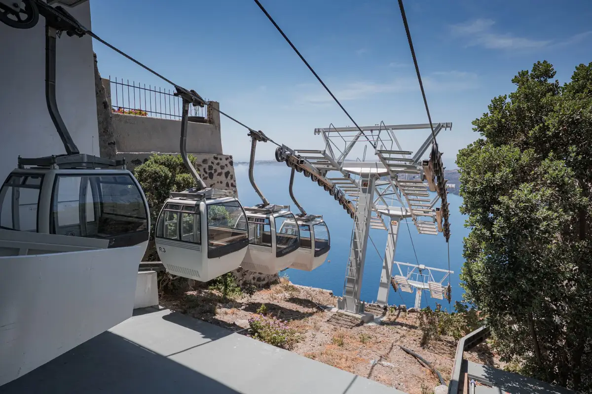 Santorini cable car connecting Fira Old Port to town above the caldera cliffs