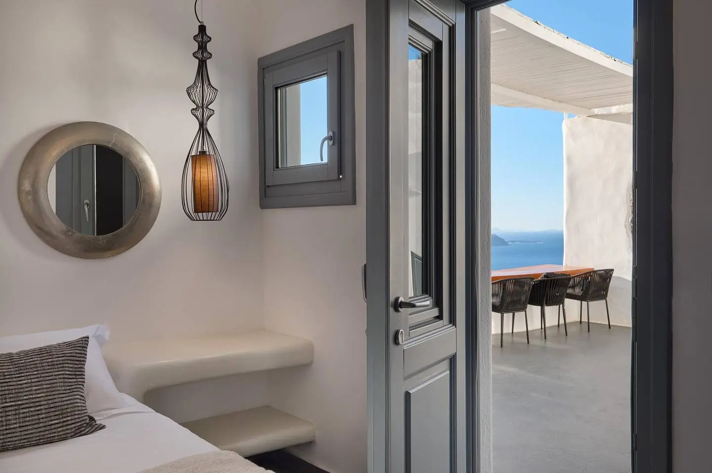 Standard double room with caldera view breakfast terrace at Aroma Suites Fira Santorini