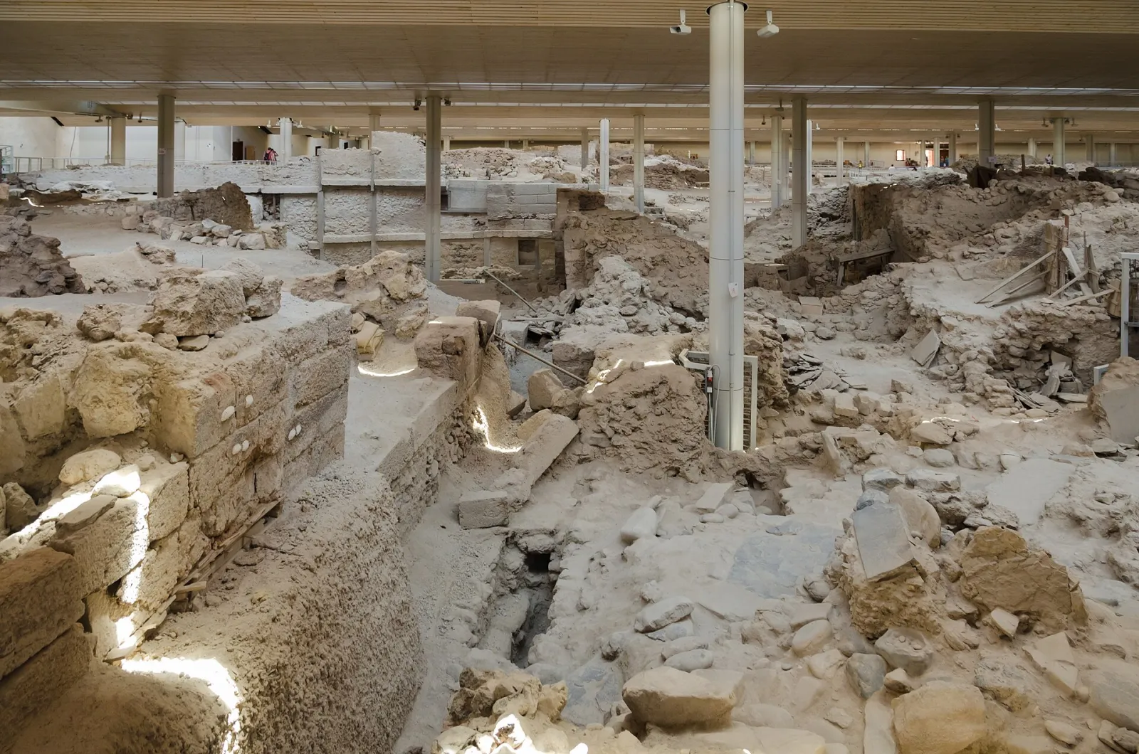 Excavated Bronze Age buildings under the protective roof at Akrotiri