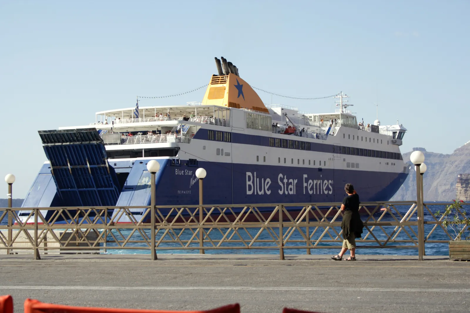 Blue Star Ferries ship docked at Athinios port, Santorini