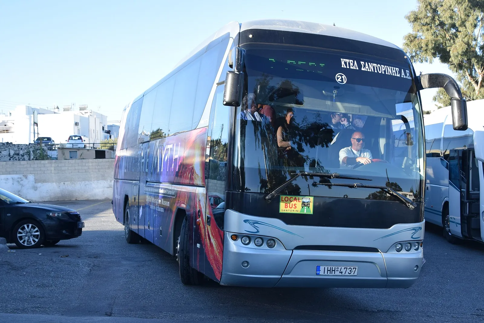 KTEL coach pulling into the central bus station in Fira