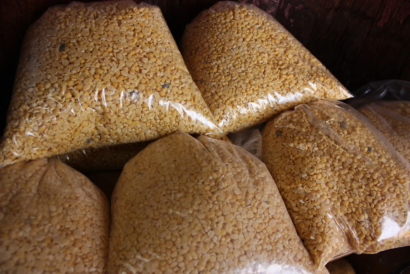 Bags of Santorini fava, the island's yellow split peas, at a shop in Akrotiri